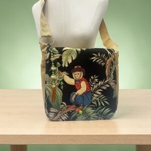 Handcrafted Black Tapestry Crossbody Bag with Monkey Motif